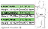 Size chart for children with height and waist measurements for small, medium, and large sizes