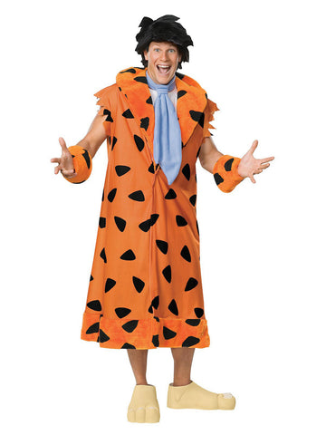 Person wearing a cartoon character costume with an orange robe and black patterns on a white background
