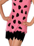 Pink dress with black abstract pattern worn by a person on a white background