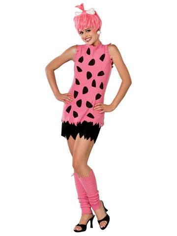 Person wearing a pink costume with black patterns, resembling a character from 'The Flintstones', on a white background.