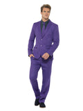 Purple suit includes jacket, tie, trousers.