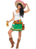 Woman in a colorful Mexican costume with a sombrero, skirt, and boots on a white background