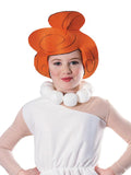 Child wearing a costume with an orange wig and white outfit on a white background