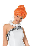 Person wearing an orange wig and white and black outfit on a white background