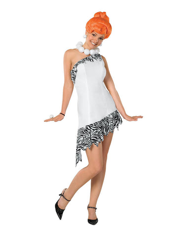 Person wearing a costume with zebra print accents on a white background, featuring the Rubies and Flintstones logos.
