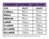 Size chart for women's costumes with bust and waist measurements.