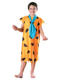 Child wearing a cartoon character costume with an orange dress and blue scarf on a white background