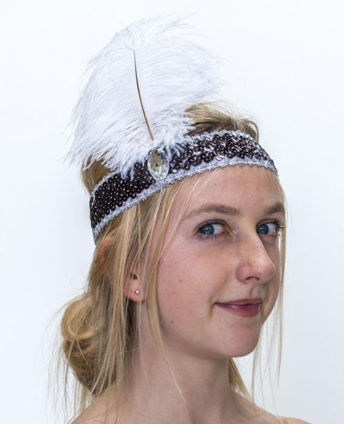 20's Headband Black Sequin With White Feather