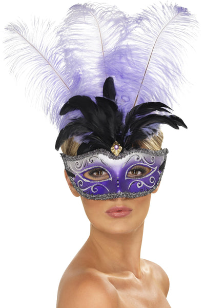 Venetian Colombina Masquerade Mask with Plume