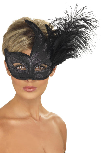 Ornate Colombina Black Feather Masquerade Mask