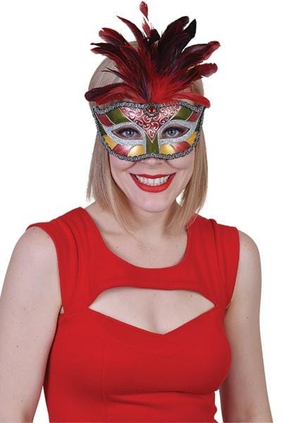 Red Masquerade Mask With Feathers