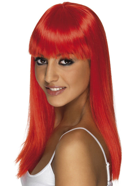 women's wigs - Long with Fringe Wig Neon Red