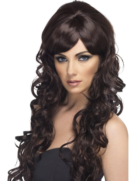 women's wigs - Long Wavey Wig Brown with Side Fringe