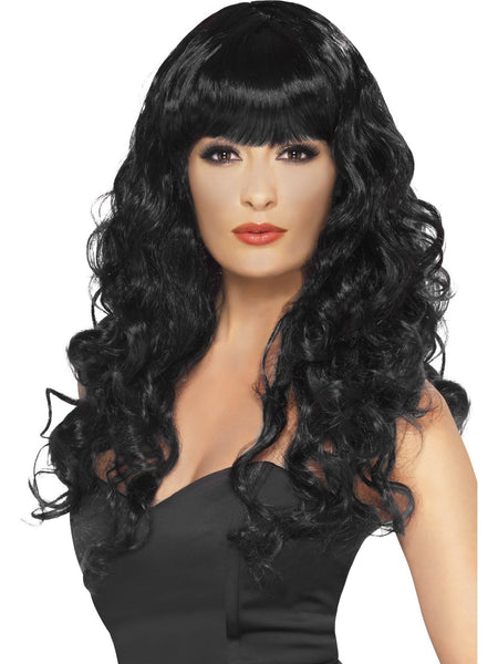 women's wigs - Long Wig Wavey with Fringe Wig Black