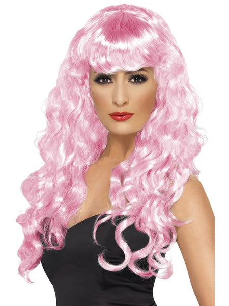 women's wigs - Long Wig Wavey with Fringe Wig Pink