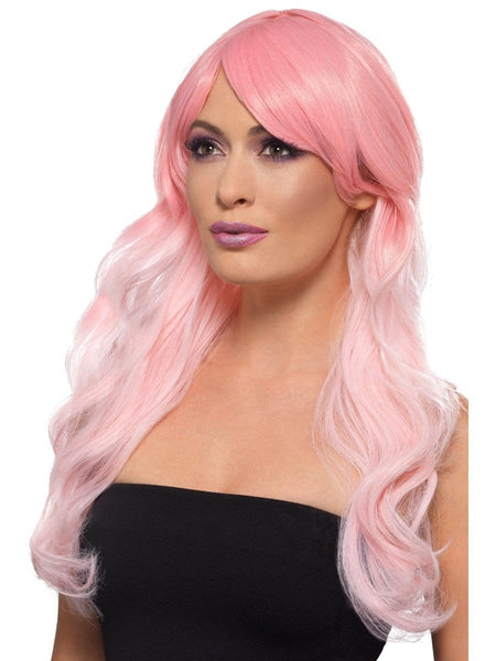 women's wigs - Long Wavey Wig Pink with Side Fringe