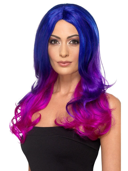 women's wigs - Long Wavey Wig with Side Fringe Blue & Pink