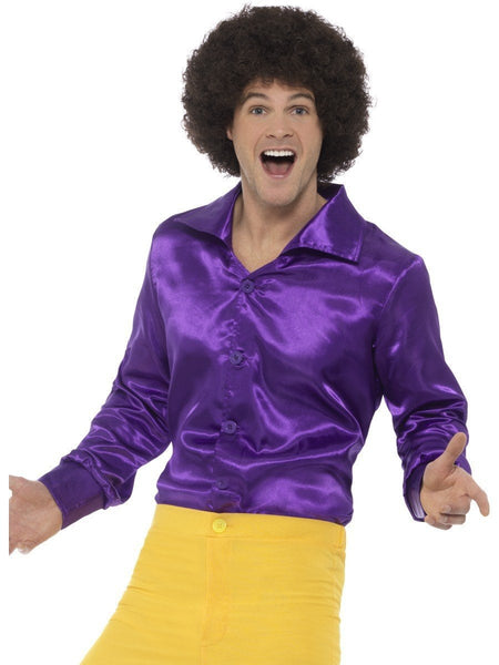 60s 70s Groovy Mens Purple Satin Disco Shirt