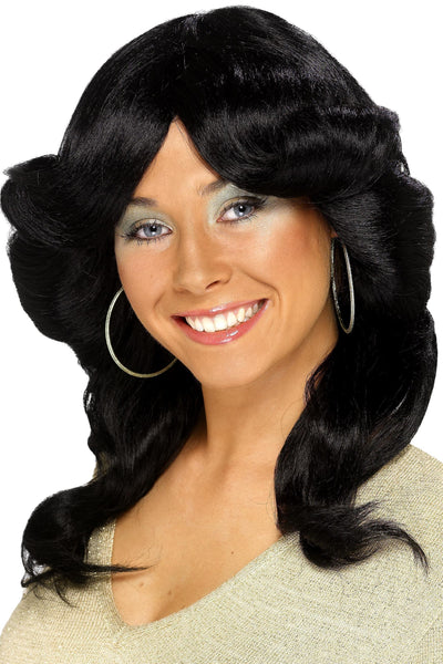 1970's wigs - Farrah Flick 70s Disco Layered Wavy Black Wig