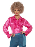 70s Pink Satin Ruffle Disco Women's Blouse