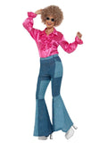 70s Pink Satin Ruffle Disco Women's Blouse with Denim Flares