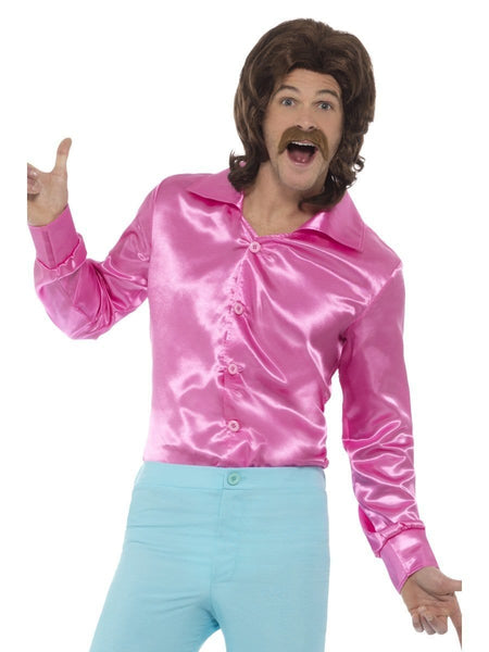 Disco 60s 70s Groovy Mens Pink Satin Shirt