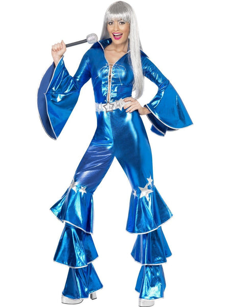 Ladies 70s Disco Flares Blue Popstar Fancy Dress Rockstar Party Costume
