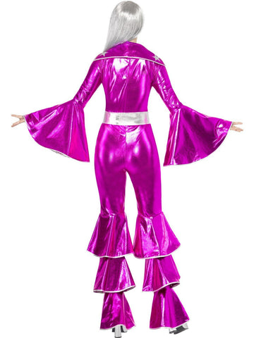 Ladies Pink 70s Disco Girl Pop Star Flares Fancy Dress Party Rockstar Costume 