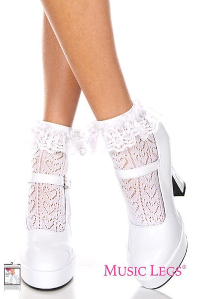 White Ankle Socks Heart Net with Ruffle Trim