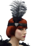 Black 20's Headband Crystal Heart & Black Feather