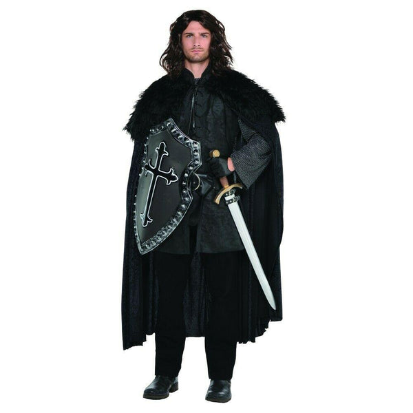 Black Furry Men's Medieval Cloak with shield and sword
