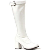 White 70s knee hi boots with wide calf setting