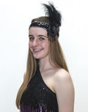 Black Flower style headband features a black sequined band embellished with a black flower and black feathers