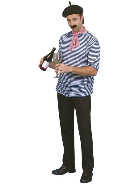 French Man Costume Set Striped Shirt Beret Scarf Moustache Fancy Dress Kit