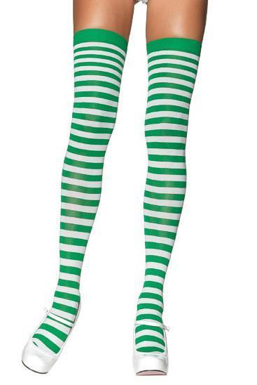 Green and White Striped Stay-up Thigh High Stockings