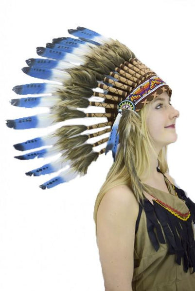 Smaller sized feathered American Indian Headdress in tan, brown and blue