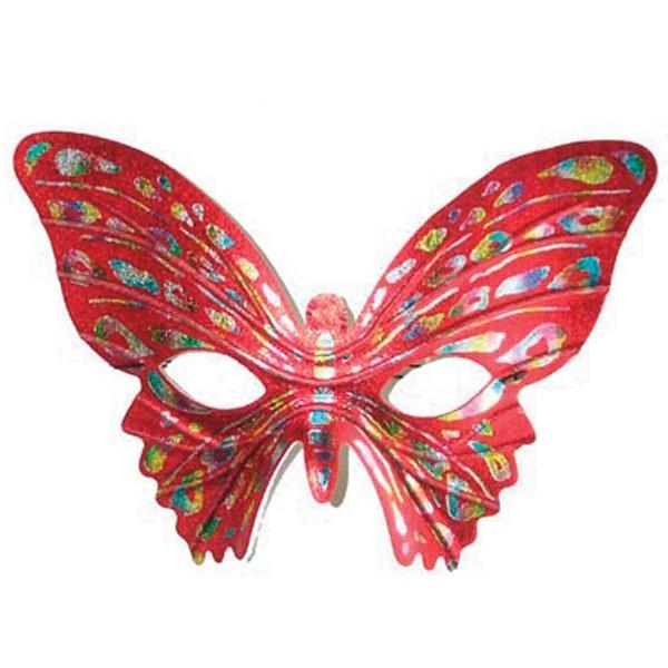 Red ladies butterfly costume face masquerade mask with elastic strap with gold, blue and silver details.