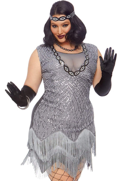 Roaring Roxy 1920's Silver Sequin Curvy Gatsby Flapper Costume
