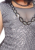 Roaring Roxy 1920's Silver Sequin Curvy Gatsby Flapper Costume neckline