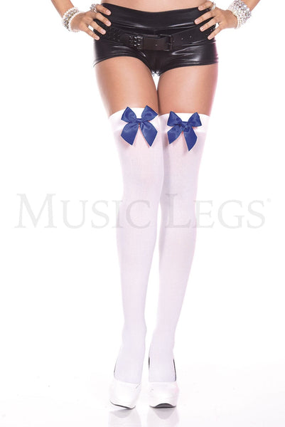 White Thigh Hi Stay Ups with Royal Blue Bows