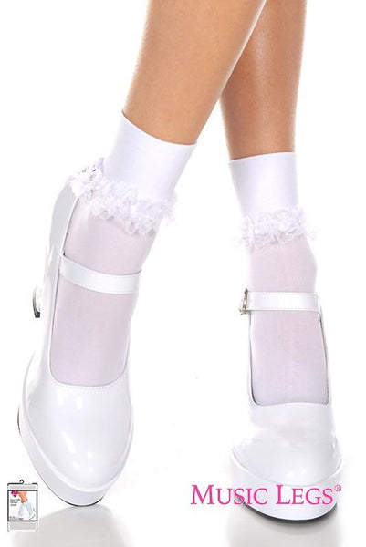 White Ankle High Opaque Socks with Frilly Lace Trim