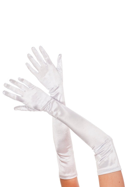 Extra long white stretch satin gloves