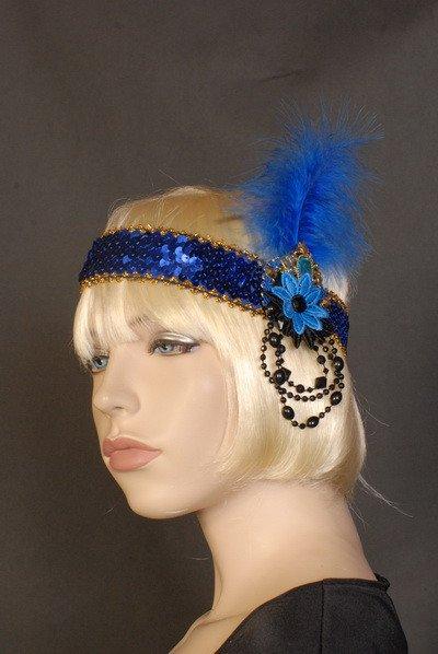 Accessories - Flapper Headband Deluxe Blue Woven Flower