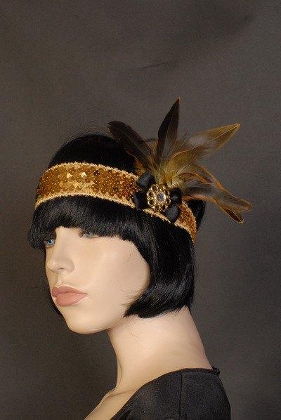 Accessories - Flapper Headband Deluxe Gold And Black Feathers