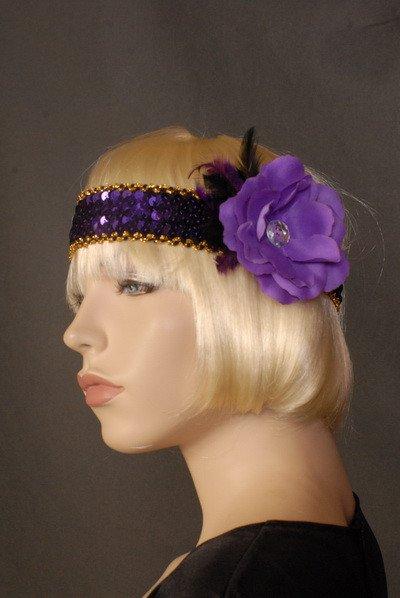 Accessories - Flapper Headband Deluxe Purple Flower And Feathers