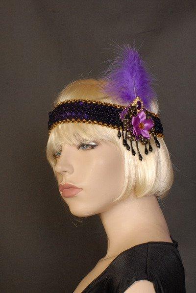 Accessories - Flapper Headband Deluxe Purple Ribbon Flower