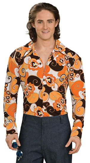 Disco 70s Men's Costume Hire Shirt Orange Floral