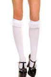 White Lace Ruffle Trim Socks Opaque Knee High Ladies Stockings Fancy Hosiery