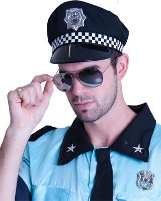 Black cotton British police hat with black and white checkered ribbon and black vinyl visor.