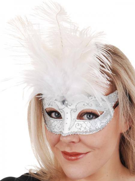 White and silver Venetian Style women's masquerade mask with tie up ribbon and white feathers.